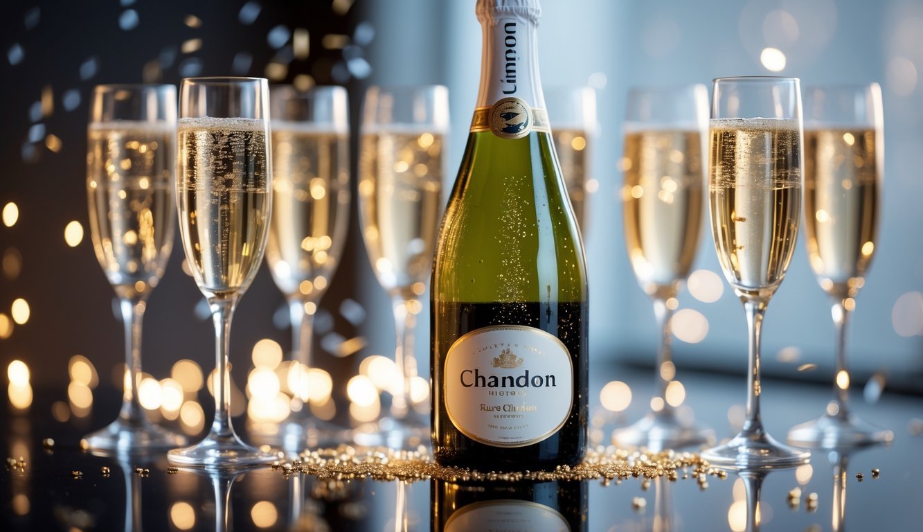 A chilled bottle of Chandon Brut Classic sparkling wine with filled champagne flutes on a reflective surface and warm ambient lighting.
