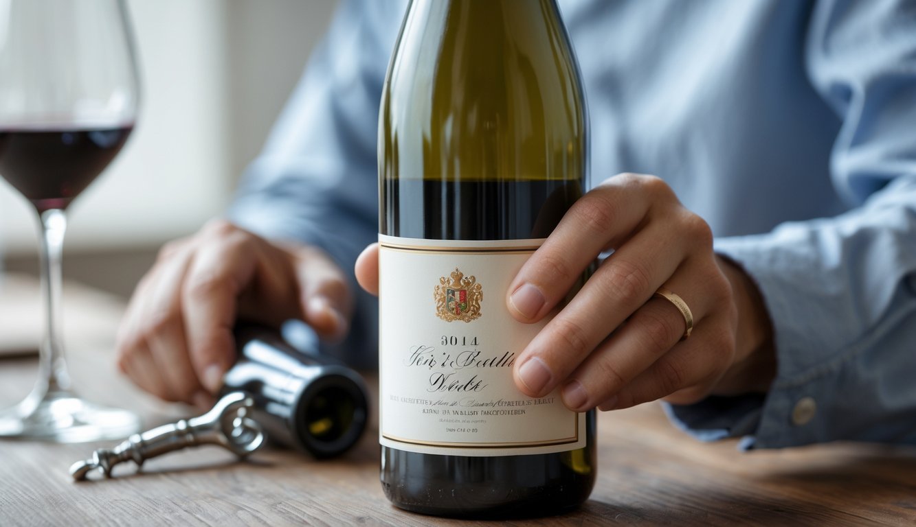 Close-up of hands inspecting a wine bottle label with a wine glass and corkscrew on a wooden table.