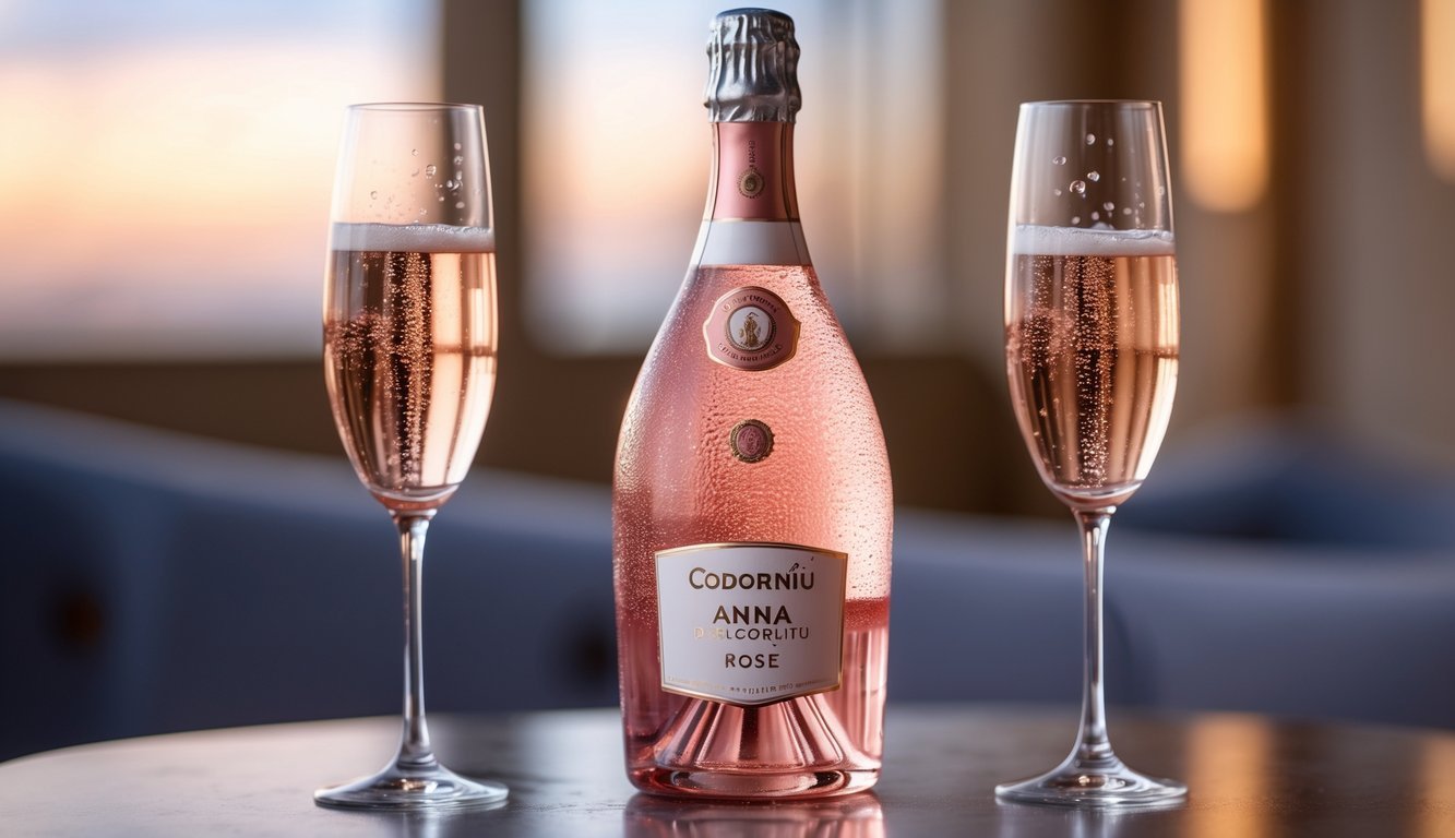 A chilled bottle of Codorníu Anna de Codorníu Rosé sparkling wine with two filled champagne flutes on a table in a softly lit setting.