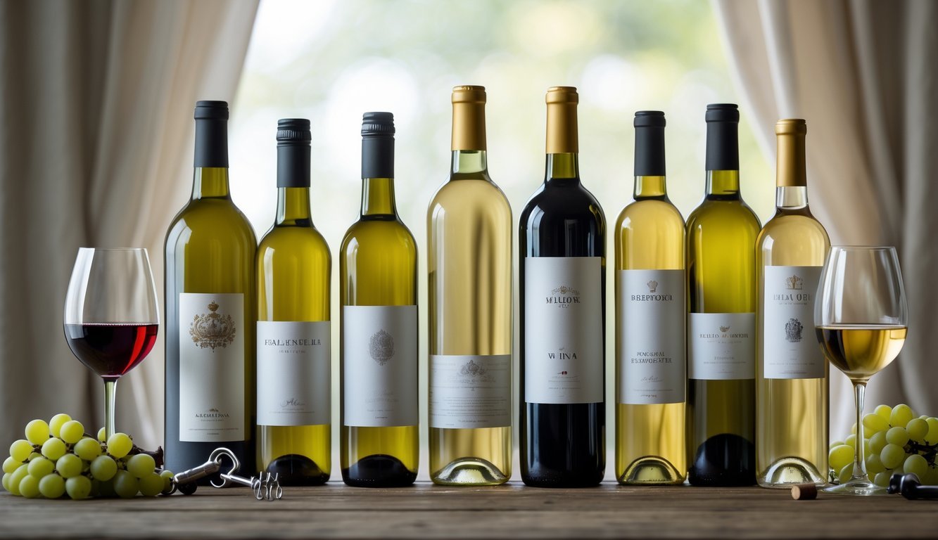 A variety of wine bottles with different unusual shapes and sizes arranged on a wooden table with wine glasses and grapes.