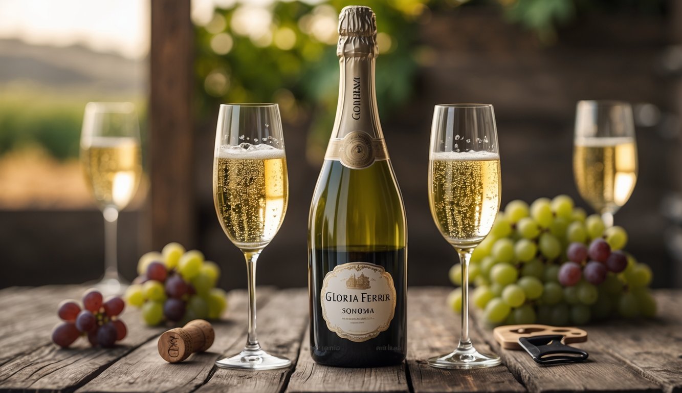 A bottle of Gloria Ferrer Sonoma Brut sparkling wine on a wooden table with filled sparkling wine glasses and grapes nearby.