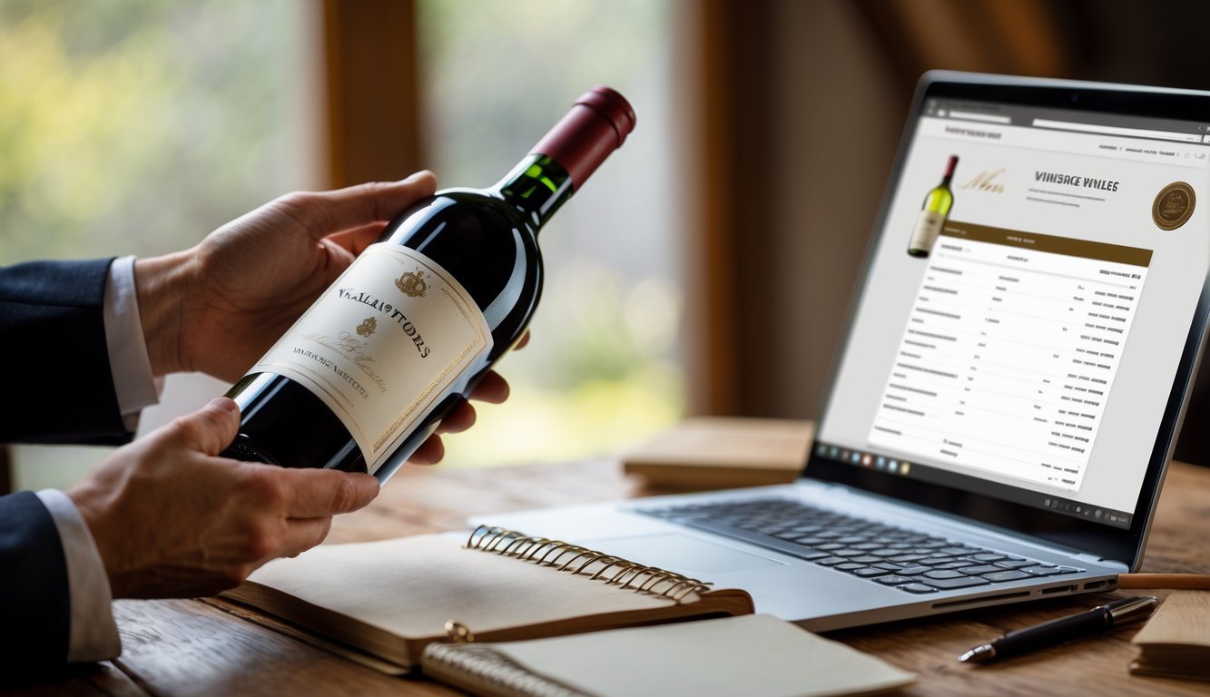 Hands holding a wine bottle near a laptop showing winery records on a wooden table.
