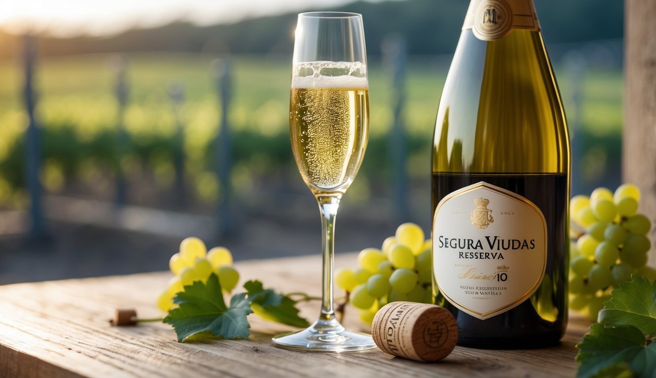 A bottle of Segura Viudas Reserva Heredad 10 sparkling wine with a filled glass on a wooden table, surrounded by grape leaves and a cork.