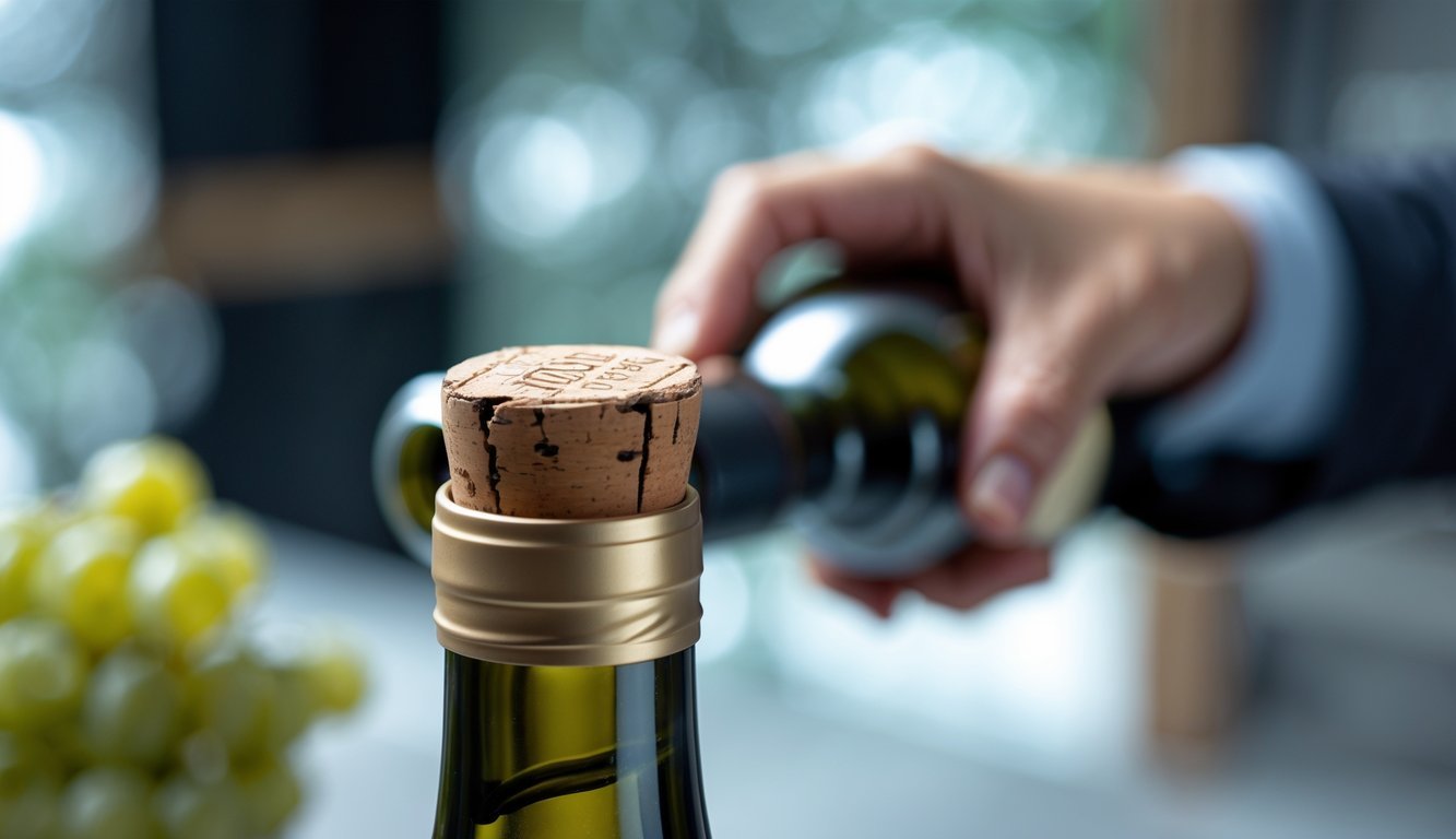 A person closely examining the capsule and cork of a wine bottle for signs of tampering.
