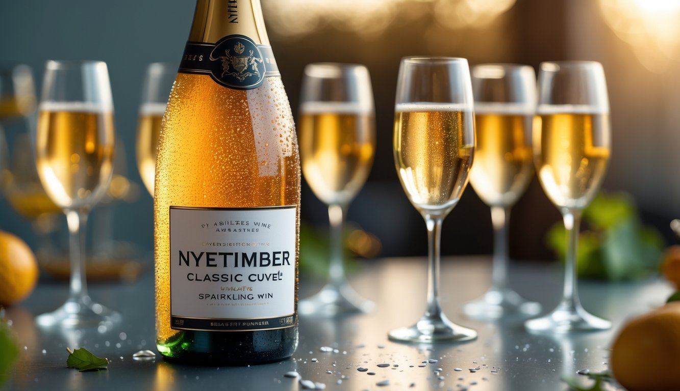 A chilled bottle of Nyetimber Classic Cuvée sparkling wine with glasses of sparkling wine on a table in a warm, elegant setting.