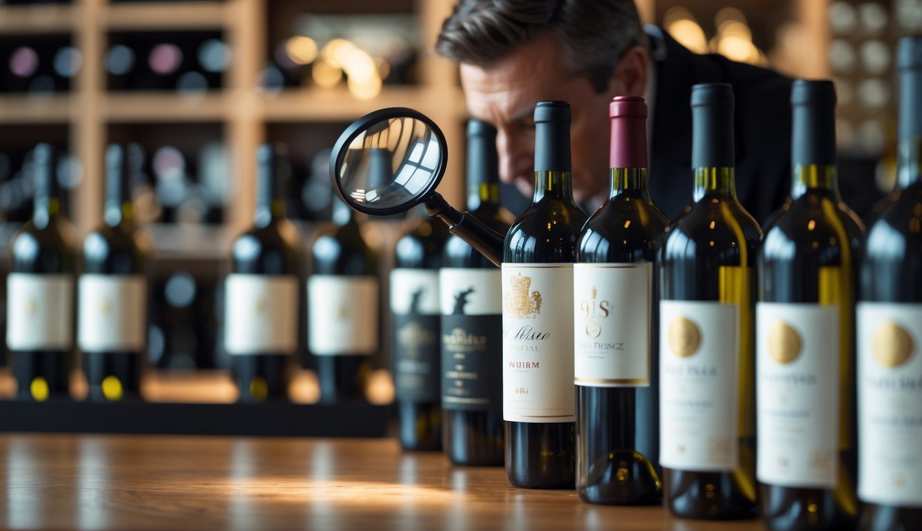A person closely inspecting a wine bottle label with a magnifying glass at a table with several wine bottles, with a wine cellar visible in the background.