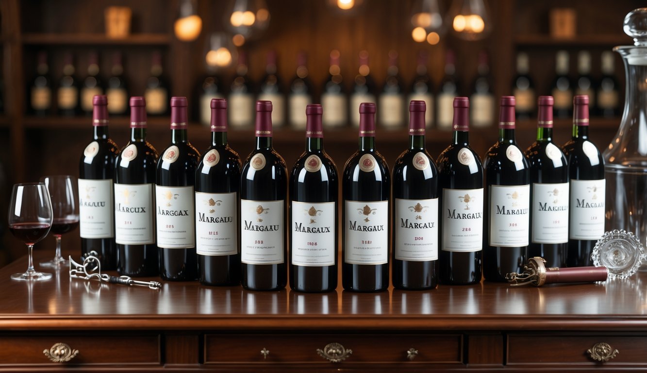 Twelve bottles of Château Margaux 2015 wine displayed on a wooden table with wine glasses and accessories.