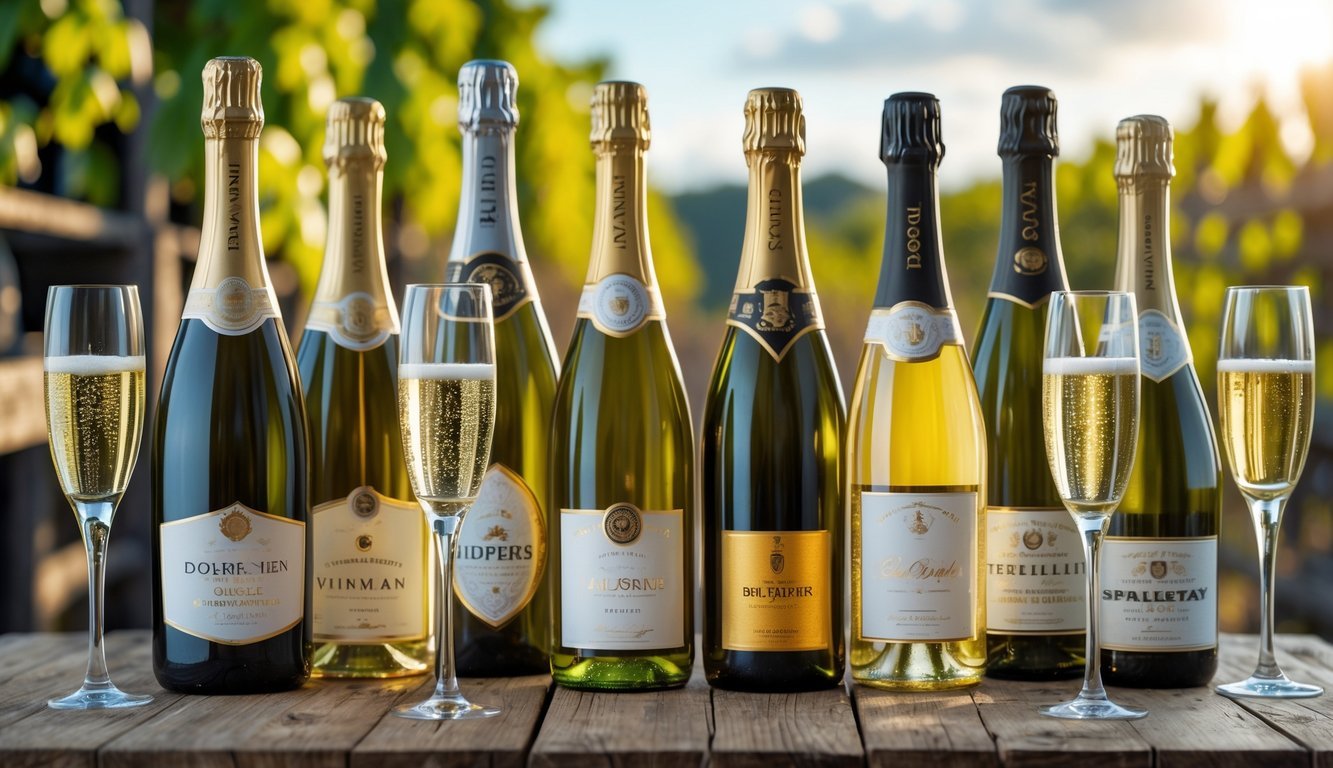 Ten bottles of sparkling wine with filled glasses on a wooden table, with a vineyard visible in the background.