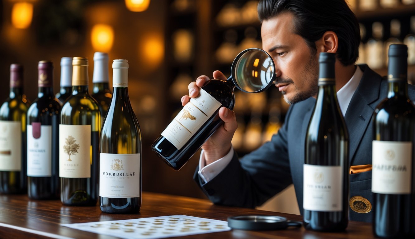 A person carefully inspecting a wine bottle on a wooden table with other wine bottles and a magnifying glass nearby in a wine cellar setting.