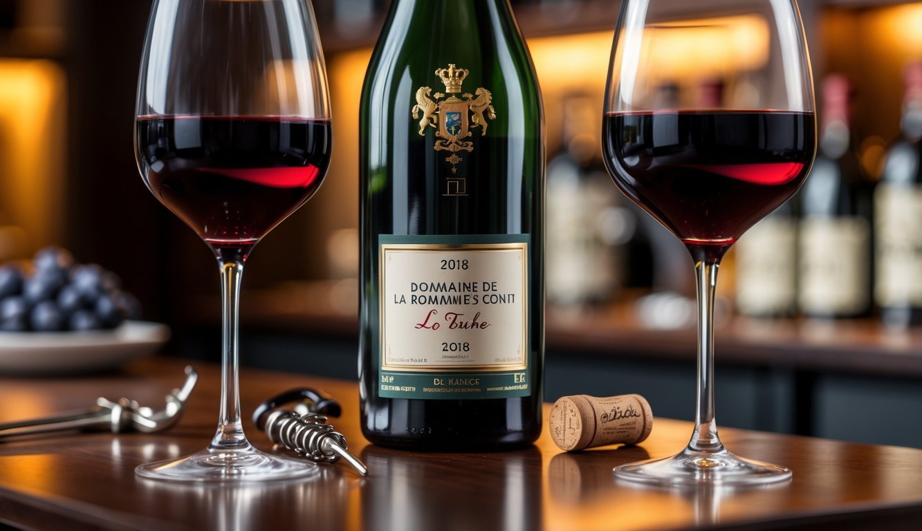 A bottle of Domaine de la Romanée-Conti La Tâche 2018 wine on a wooden table with two glasses of red wine and grapes nearby.