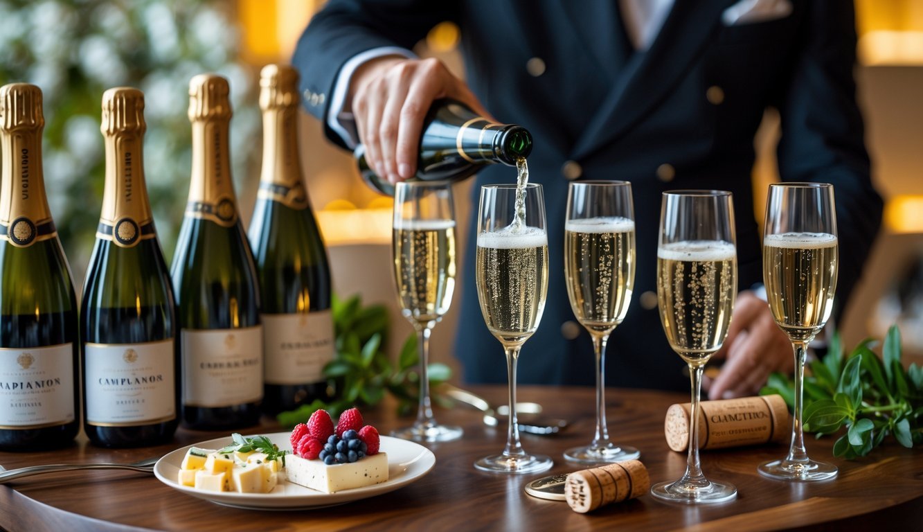 A person pouring sparkling wine into a flute on a table with several bottles of sparkling wine and appetizers.