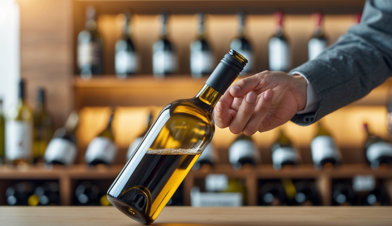 Close-up of a person holding a wine bottle by the neck, inspecting the wine fill level inside.