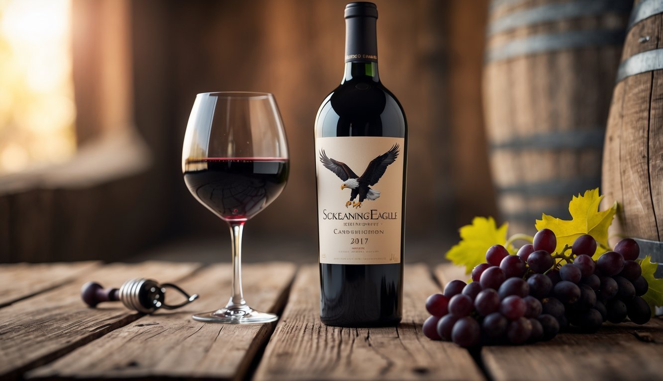 A bottle of red wine labeled Screaming Eagle Cabernet Sauvignon 2017 with a poured glass of red wine on a wooden table, accompanied by grapes and a corkscrew.