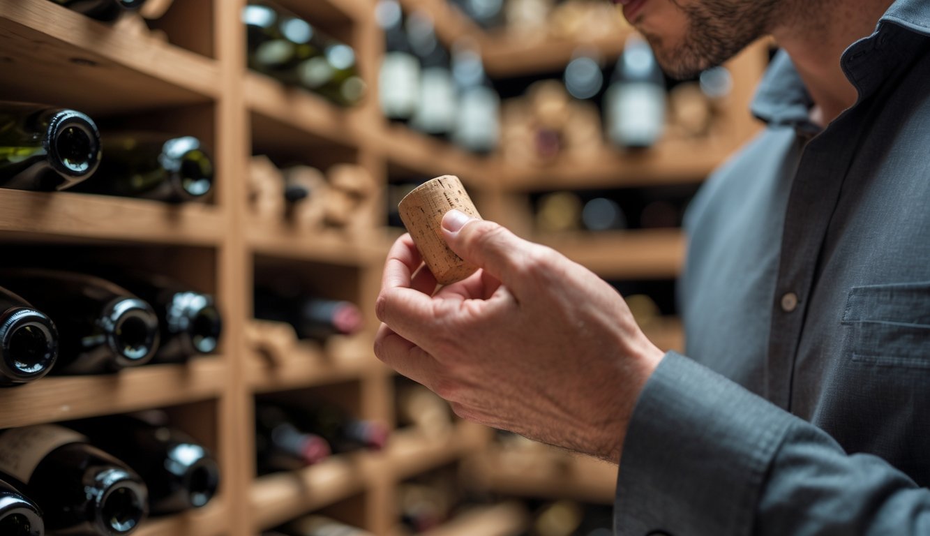 A person holding a wine bottle cork close to their nose, smelling it carefully to check for odors.