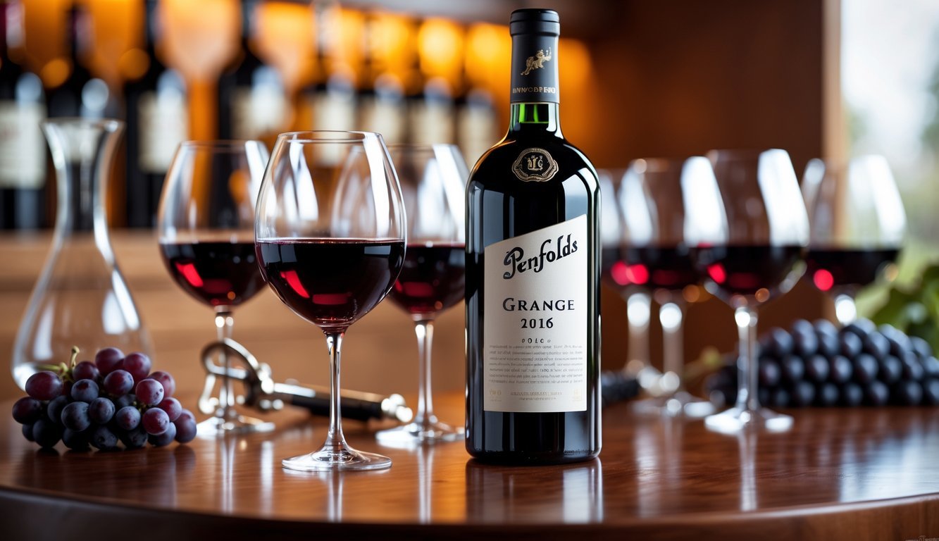 A bottle of Penfolds Grange 2016 wine on a wooden table surrounded by filled wine glasses, a corkscrew, a decanter, and grapes in a softly lit elegant setting.