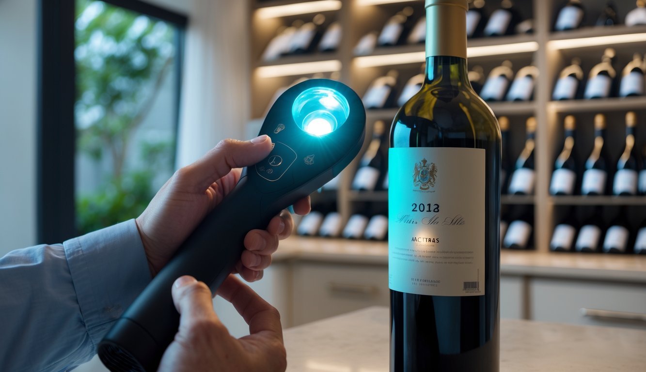 A person using a handheld UV light to inspect a wine bottle label in a kitchen or wine cellar.