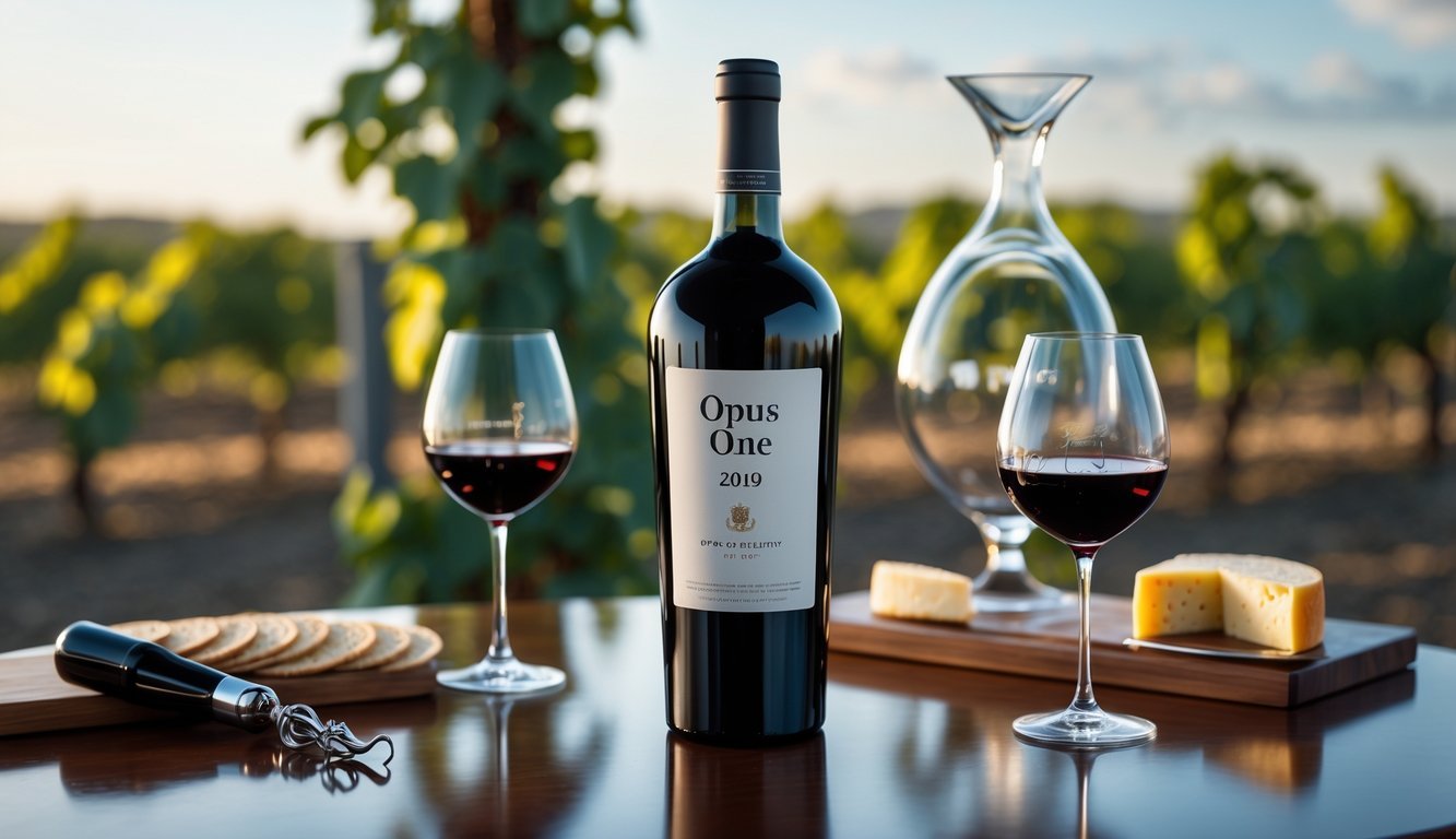 A bottle of Opus One 2019 wine on a wooden table with glasses of red wine, cheese, and a blurred vineyard in the background.
