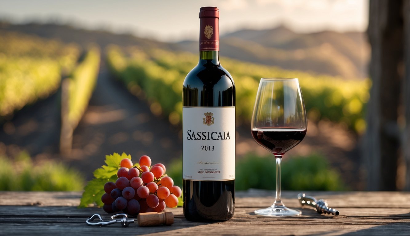 A bottle of Sassicaia 2018 wine with a glass of red wine on a wooden table, with grapes and a blurred vineyard in the background.
