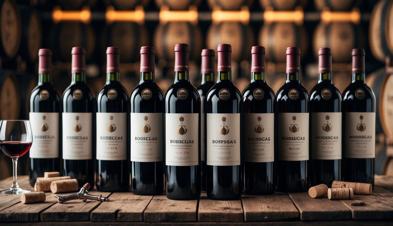 Twelve bottles of Bodegas Vega Sicilia Único 2015 wine arranged on a wooden table with a glass of red wine and wine accessories.
