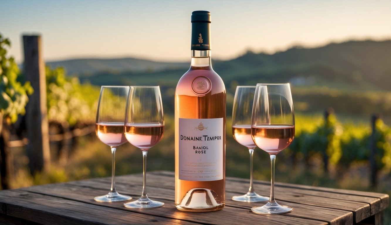 A bottle of Domaine Tempier Bandol Rosé 2023 on a wooden table with glasses of rosé and a vineyard in the background.
