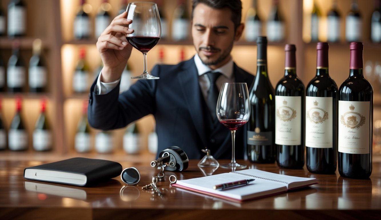 A sommelier examining a glass of red wine at a table with wine bottles, a corkscrew, a magnifying glass, and a notebook in a wine cellar setting.