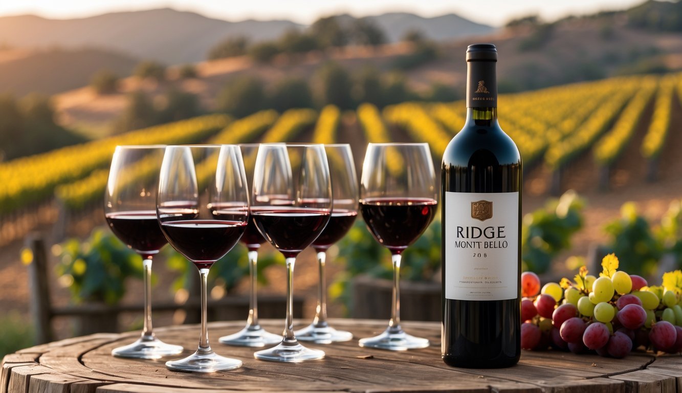 A bottle of red wine with glasses on a wooden table with a vineyard in the background.