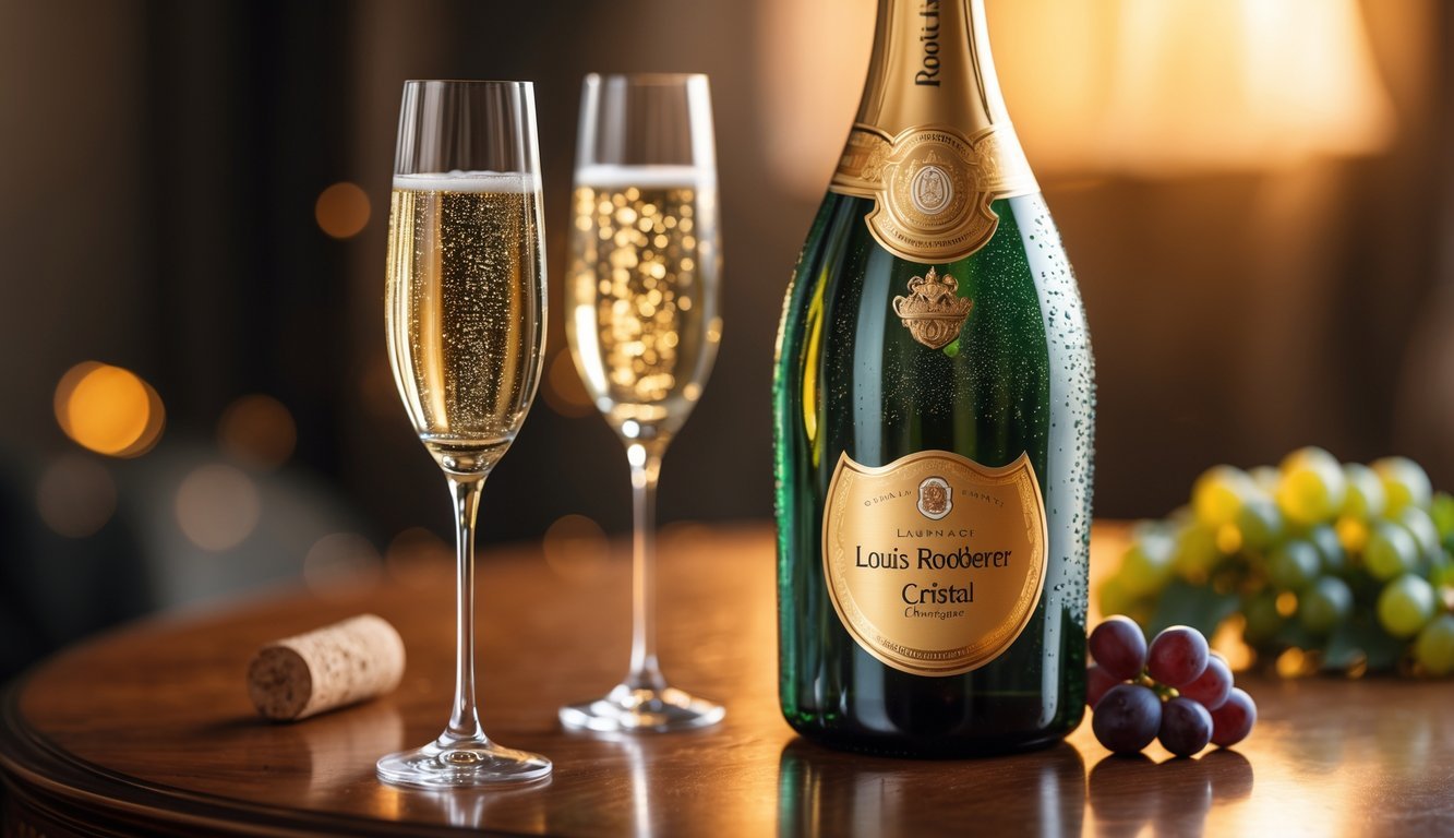 A chilled bottle of Louis Roederer Cristal 2012 champagne with two filled champagne flutes on a wooden table.