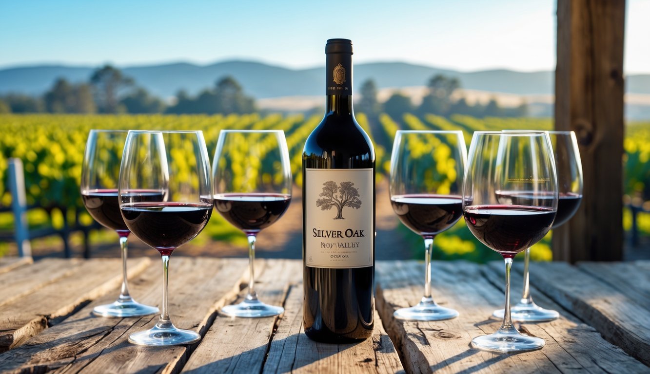 A bottle of Silver Oak Napa Valley Cabernet Sauvignon 2019 on a wooden table with filled wine glasses and a vineyard in the background.