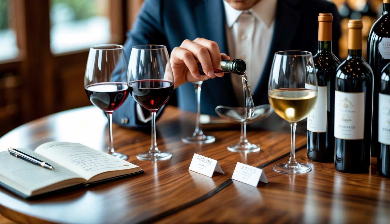 A person examining wine bottles on a wooden table with wine glasses and notes in a wine tasting room.