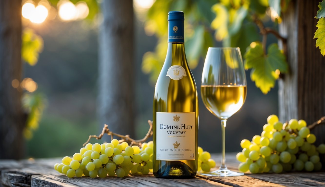 A bottle of Domaine Huet Vouvray Clos du Bourg Moelleux 2017 white wine next to a filled glass on a wooden table with grapes and vine leaves nearby.