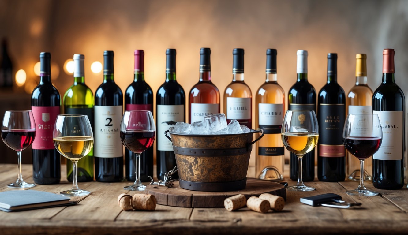 A wooden table with twelve different wine bottles, a wine bucket with a chilled bottle, several filled wine glasses, and wine accessories arranged for a wine tasting.