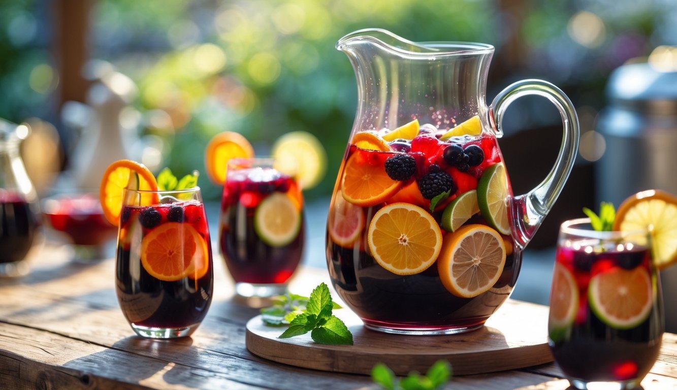 A pitcher of red wine sangria with slices of orange, lemon, lime, and berries on a wooden table, surrounded by glasses filled with the drink.