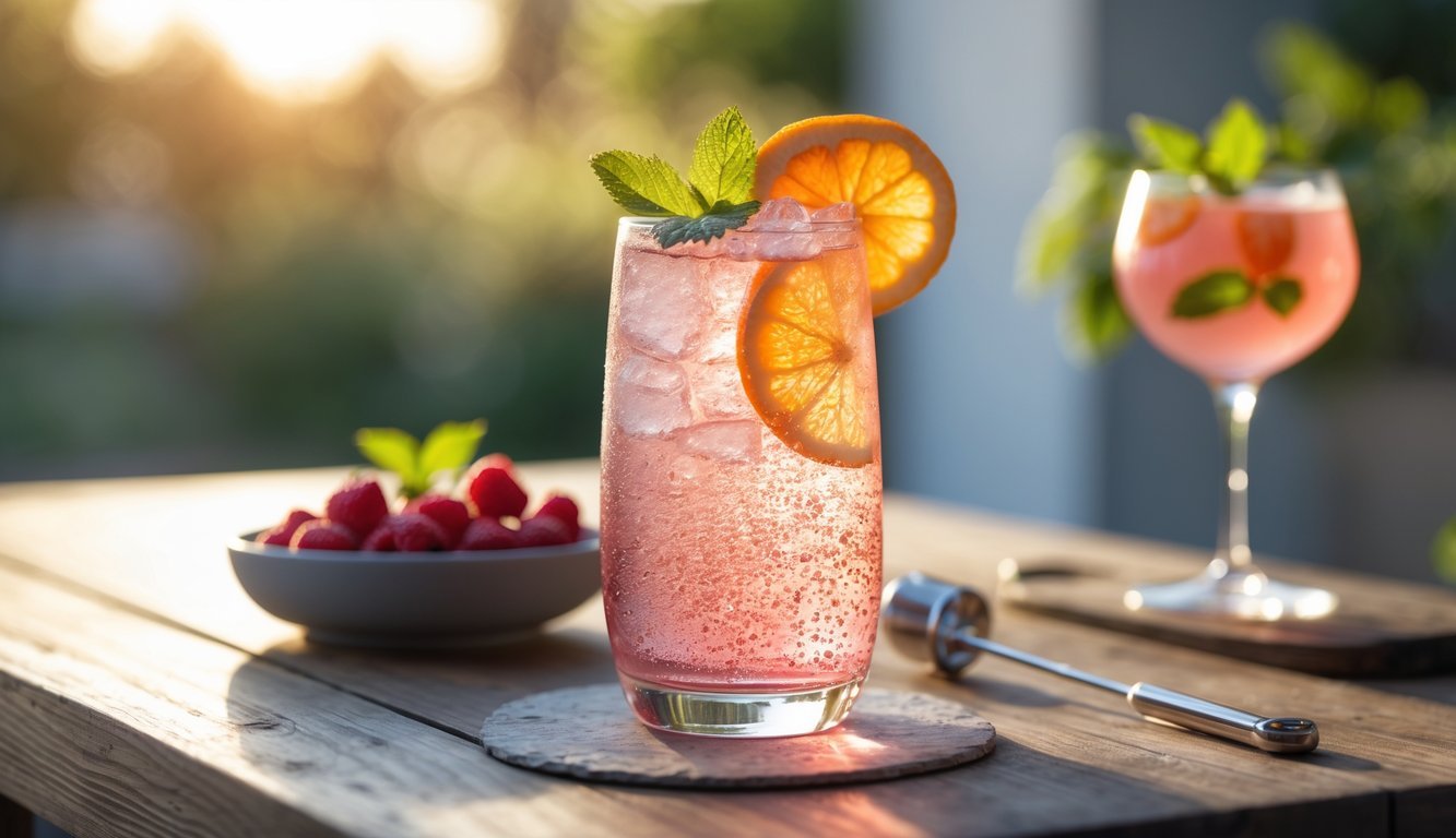 A sparkling rosé spritz cocktail in a tall glass with ice, orange slice, and mint on a wooden table with a blurred outdoor background.