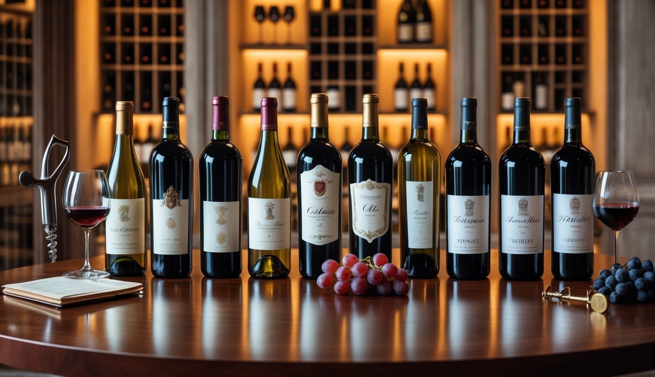 A table displaying twelve unique bottles of wine with filled glasses, grapes, and wine accessories in a warm, elegant wine cellar setting.