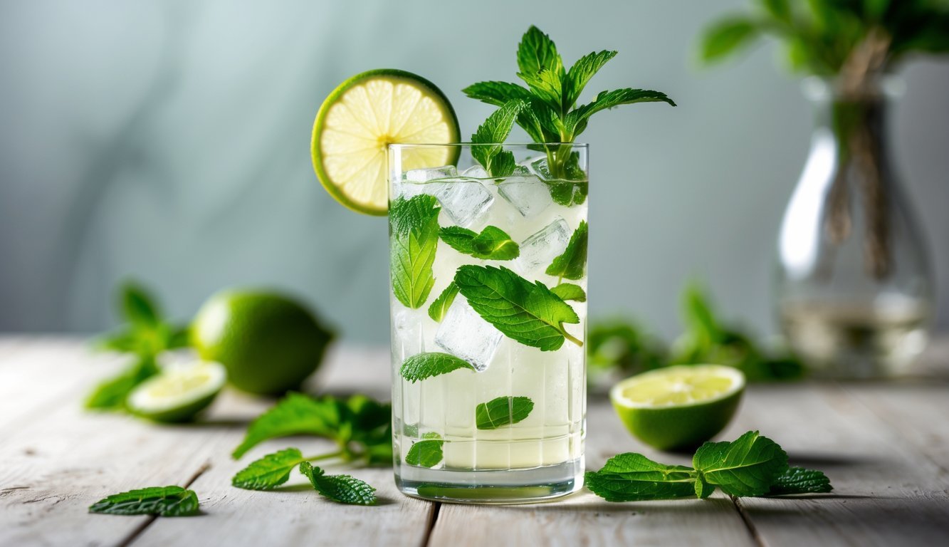 A tall glass of white wine mojito with ice, mint leaves, and lime slices on a wooden table with scattered mint and lime.