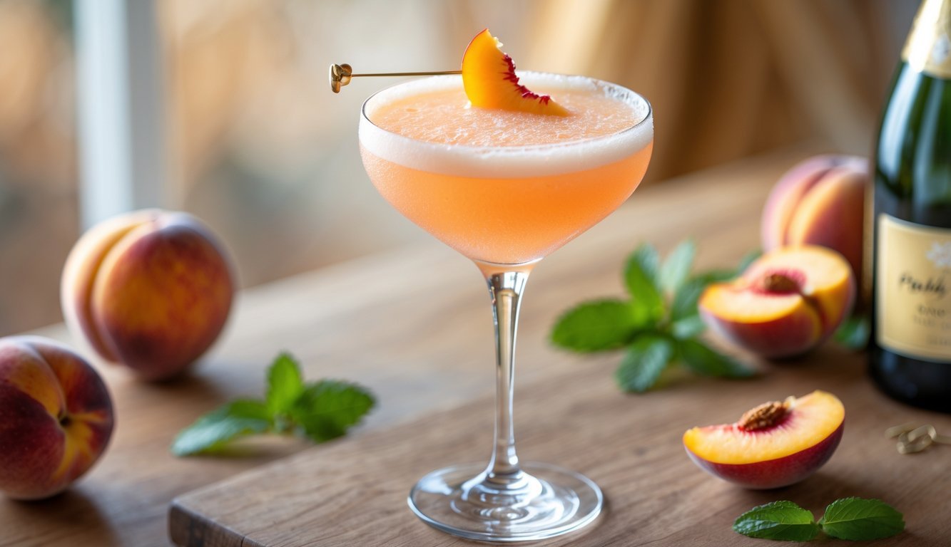 A peach bellini cocktail in a champagne flute glass garnished with a peach slice, with a bottle of prosecco and fresh peach slices nearby on a wooden surface.