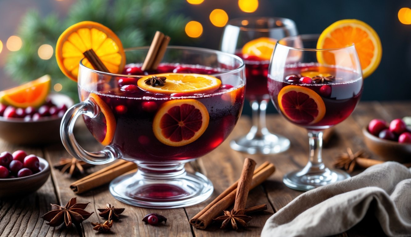 A glass punch bowl filled with red wine mulled punch garnished with orange slices and spices, surrounded by glasses of the same drink on a wooden table.