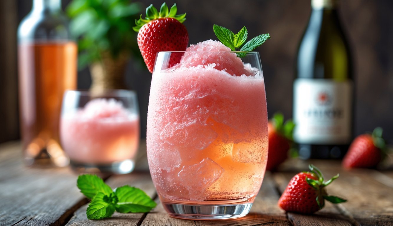 A glass of frozen rosé slushie garnished with a strawberry and mint on a wooden table with blurred wine bottles in the background.
