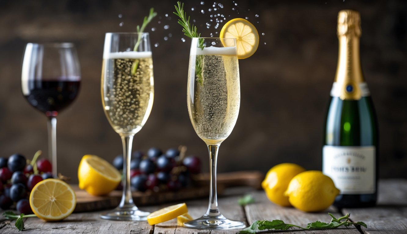 A French 75 cocktail in a champagne flute with lemon twist, accompanied by a glass of red wine and a bottle of champagne on a wooden table.