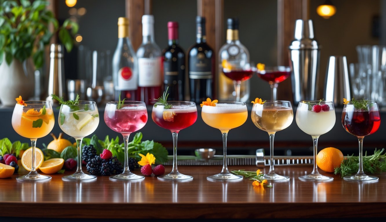 Seven colorful wine-based cocktails arranged on a bar counter with wine bottles and cocktail tools in the background.
