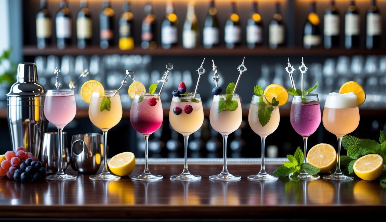 Seven colorful wine cocktails arranged on a wooden bar counter with fresh garnishes and ingredients in a softly lit bar setting.