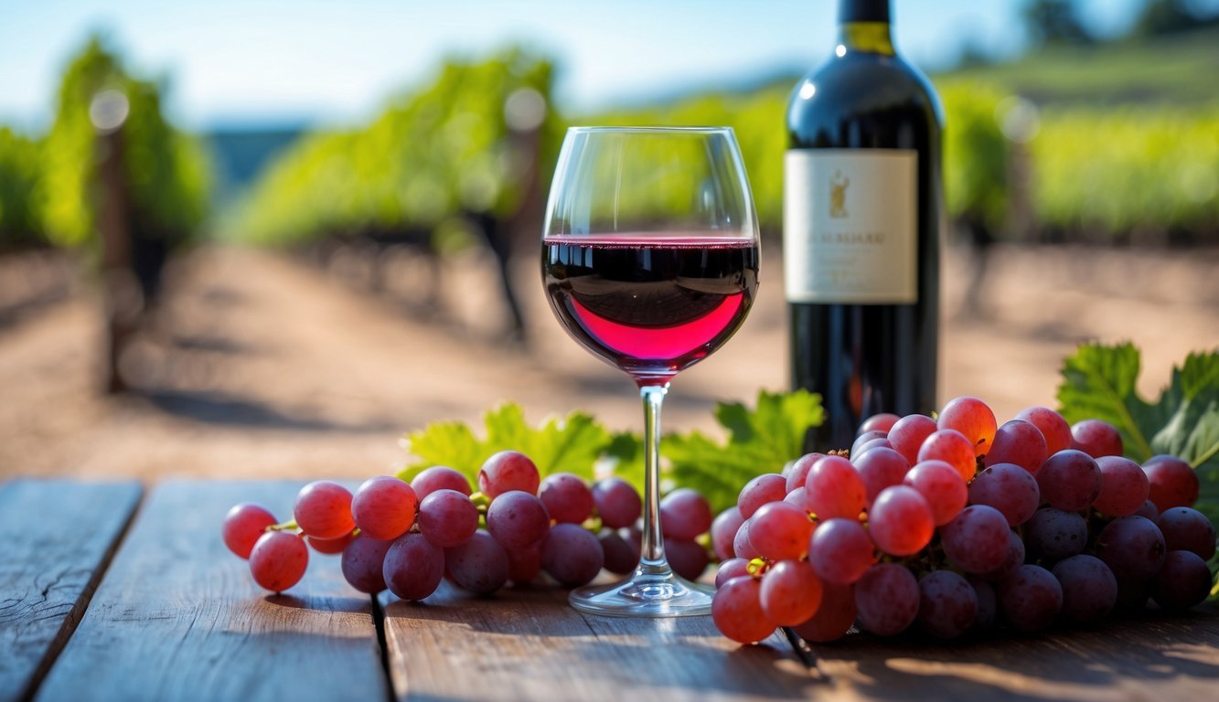 A glass of red wine on a wooden table with grapes and a wine bottle, with grapevines blurred in the background.
