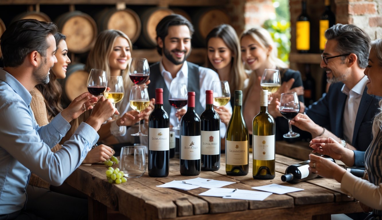 People tasting and discussing different wines around a wooden table in a wine cellar.