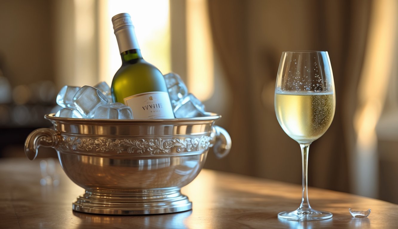 A chilled bottle of white wine in an ice bucket with a glass of white wine on a wooden table.