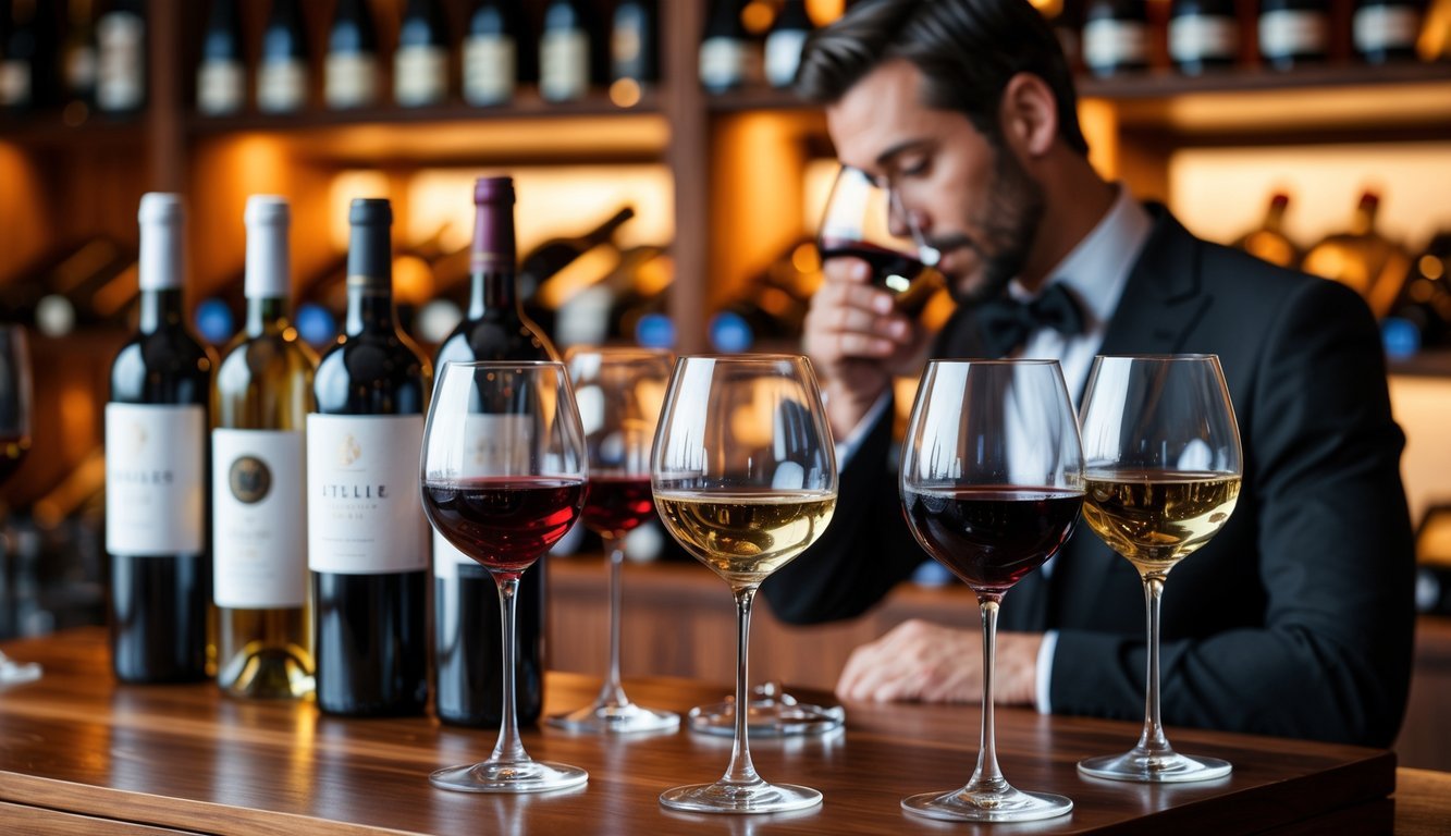 A person examining a glass of wine at a wooden table with several wine bottles and glasses in a wine cellar.