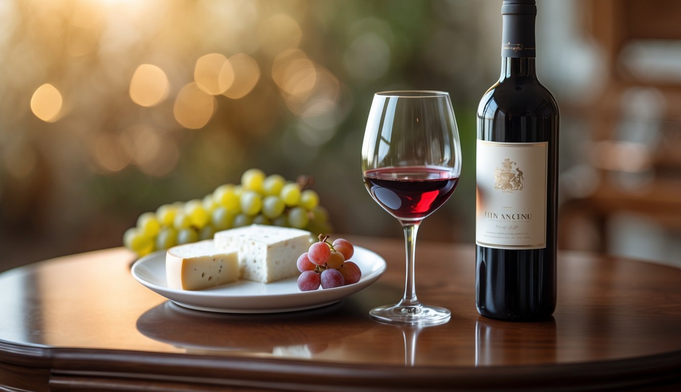 A glass of red wine, a wine bottle, sugar cubes, grapes, and cheese arranged on a wooden table.