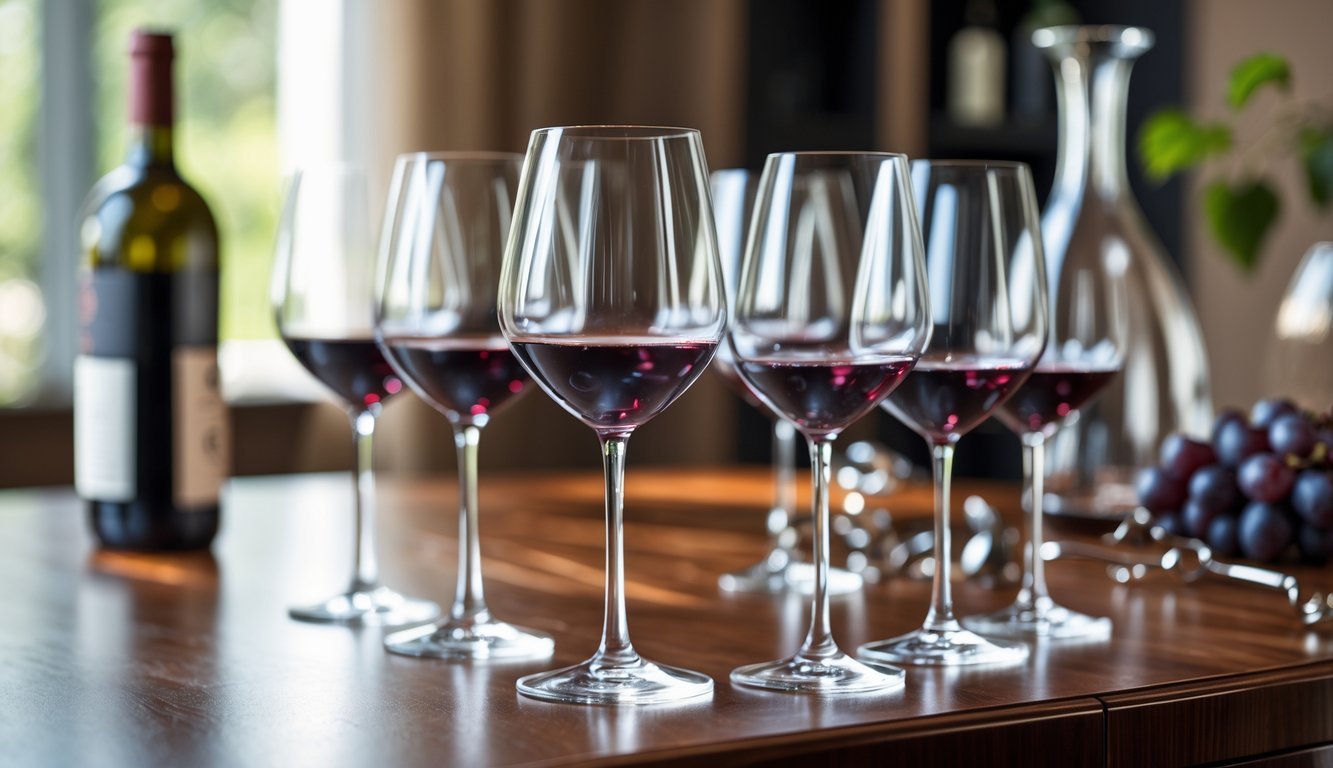 A set of clear Cabernet wine glasses arranged on a wooden table with a wine bottle and accessories in the background.