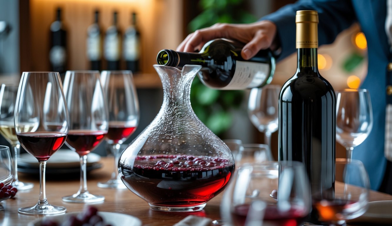 A person pouring red wine from a bottle into a glass decanter on a dining table with wine glasses and bottles in the background.