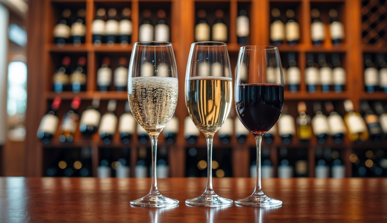 Two glasses of wine on a wooden table, one with sparkling wine and one with still wine, with wine bottles blurred in the background.
