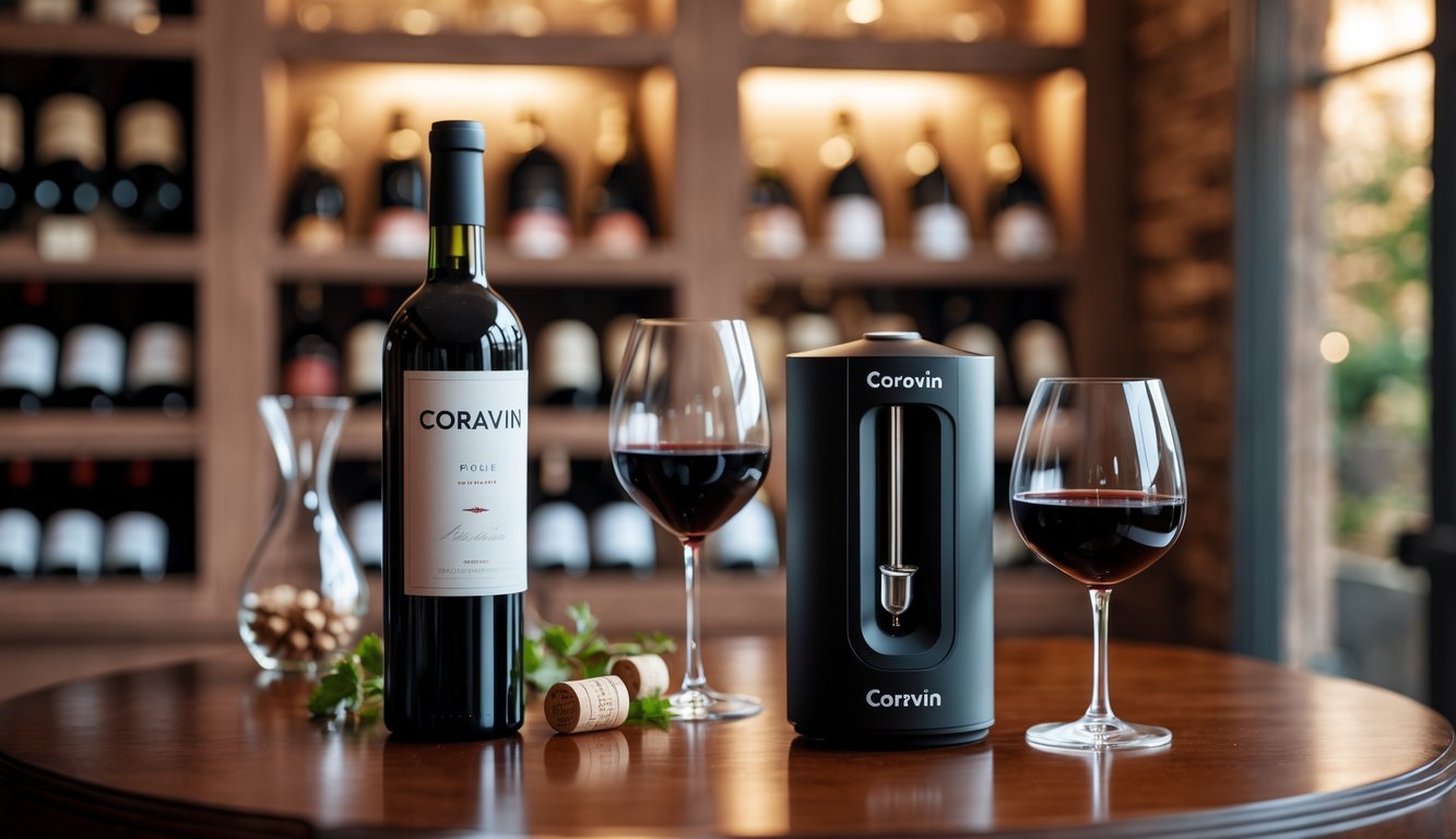 Coravin Model Two Wine Preservation System next to a bottle of red wine and a filled wine glass on a wooden table in a wine cellar setting.